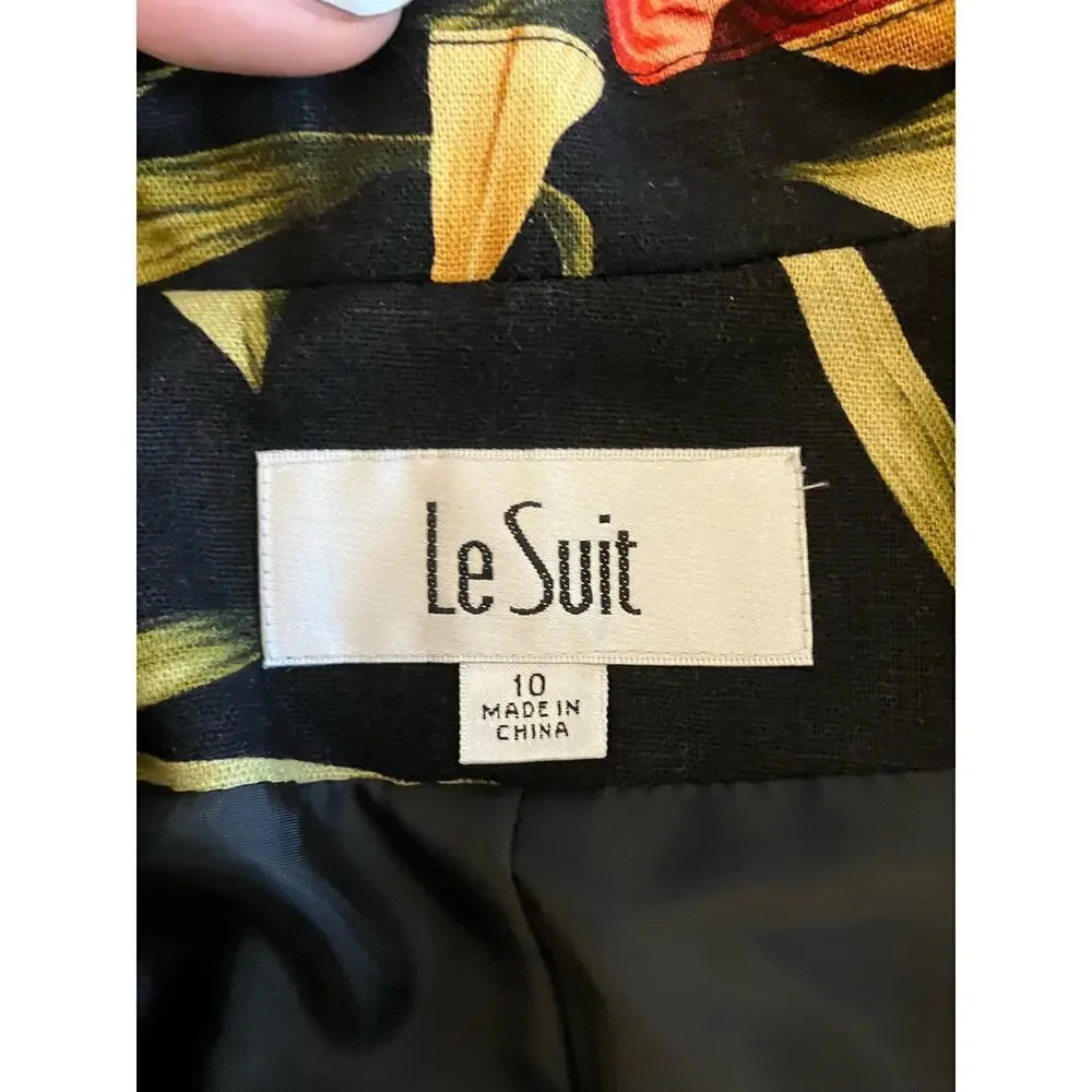 NWT Le Suit Black Tropical Floral Linen Blend Blazer Jacket Size 10